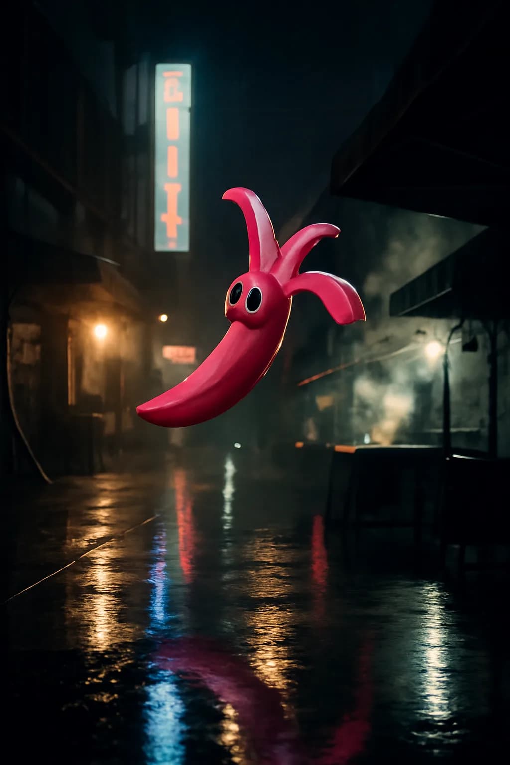 A photorealistic rainy night street market with neon reflections, wet pavement, and a cinematic city glow. one impossible detail inside an otherwise believable everyday scene