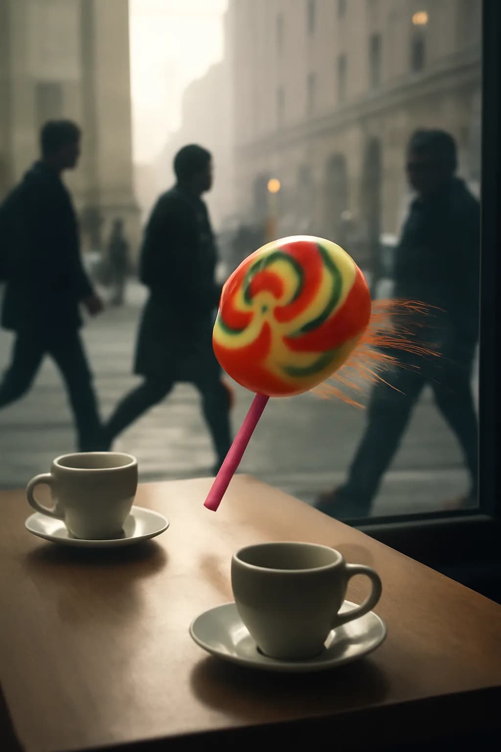 A realistic cafe window at morning rush with layered reflections, coffee cups, pedestrians, and soft street light. one impossible detail inside an otherwise believable everyday scene
