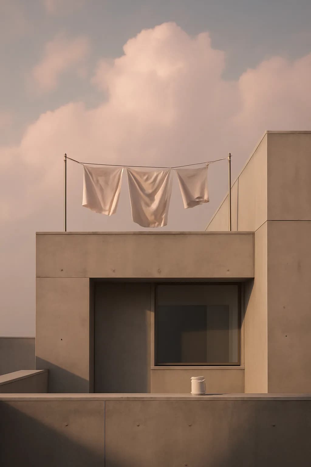 A realistic rooftop laundry line above a dense city, with dramatic clouds, soft wind, and glowing late afternoon light. clean architectural geometry with one small emotional detail