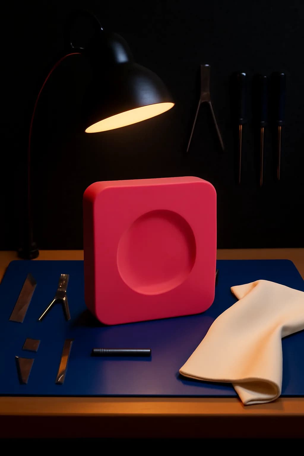 A realistic small workshop at night with warm lamps, precise tools, dust particles, and a cinematic handmade mood. bold blocks of color arranged as a readable feed-first scene