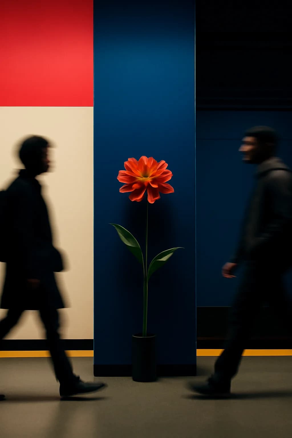 A realistic underground metro platform with a vivid flower installation, moody lighting, and cinematic depth. bold blocks of color arranged as a readable feed-first scene