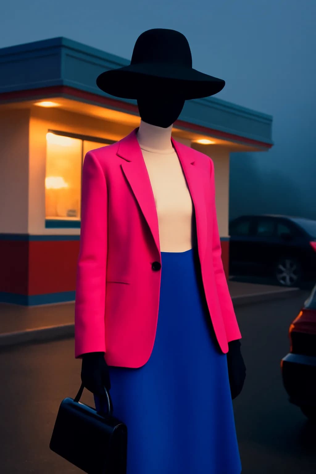 A realistic roadside mountain diner at blue hour with glowing windows, parked cars, mist, and quiet atmosphere. bold blocks of color arranged as a readable feed-first scene