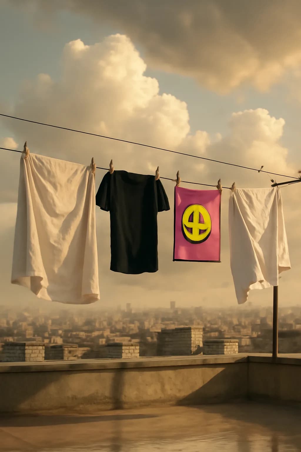 A realistic rooftop laundry line above a dense city, with dramatic clouds, soft wind, and glowing late afternoon light. one impossible detail inside an otherwise believable everyday scene
