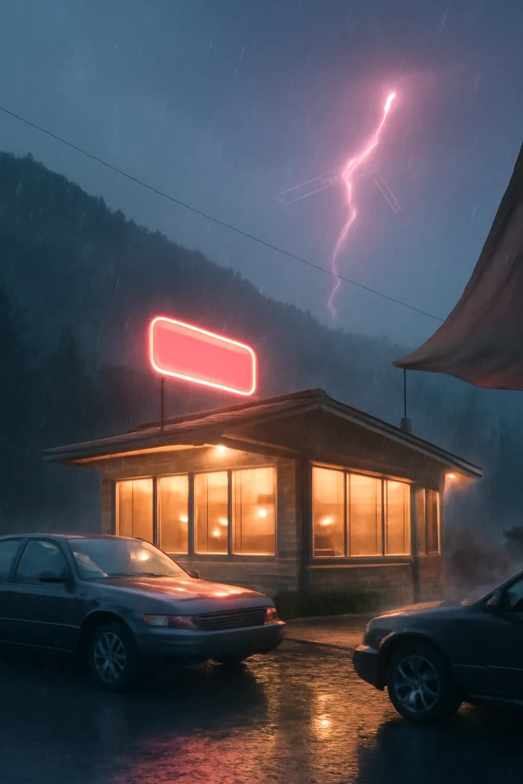 A realistic roadside mountain diner at blue hour with glowing windows, parked cars, mist, and quiet atmosphere. a normal place interrupted by one precise weather event