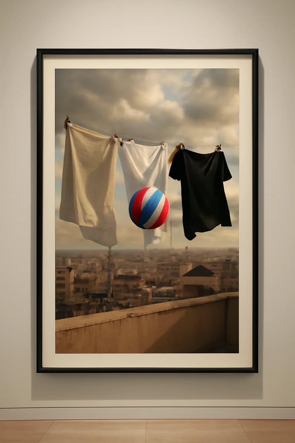 A realistic rooftop laundry line above a dense city, with dramatic clouds, soft wind, and glowing late afternoon light. one impossible detail inside an otherwise believable everyday scene