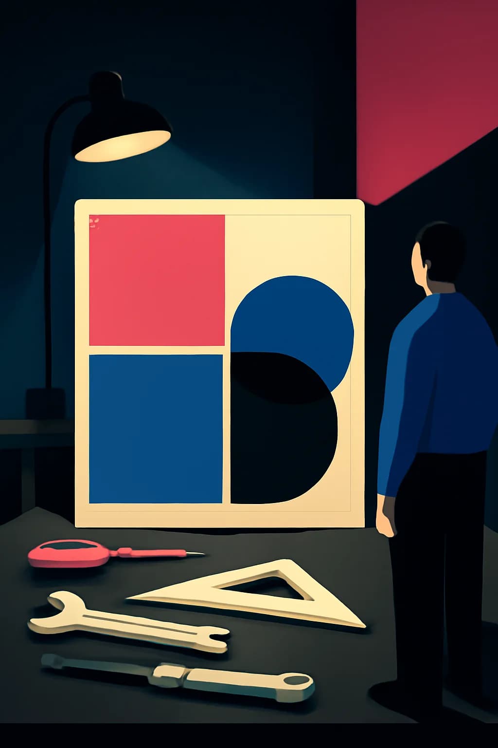A realistic small workshop at night with warm lamps, precise tools, dust particles, and a cinematic handmade mood. bold blocks of color arranged as a readable feed-first scene
