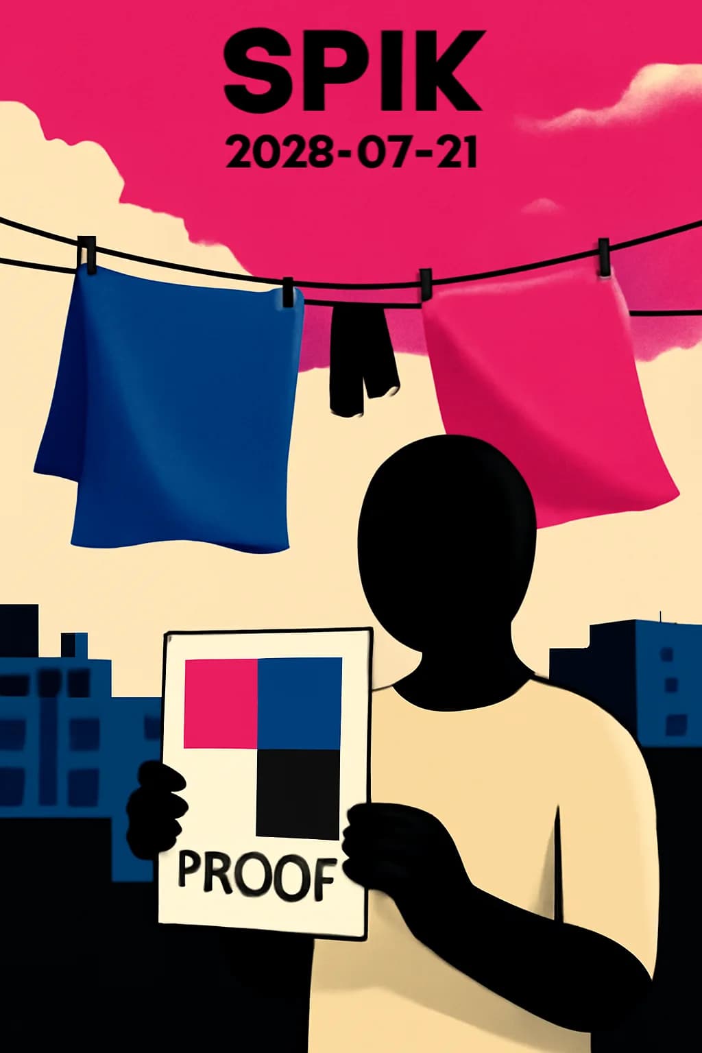A realistic rooftop laundry line above a dense city, with dramatic clouds, soft wind, and glowing late afternoon light. bold blocks of color arranged as a readable feed-first scene