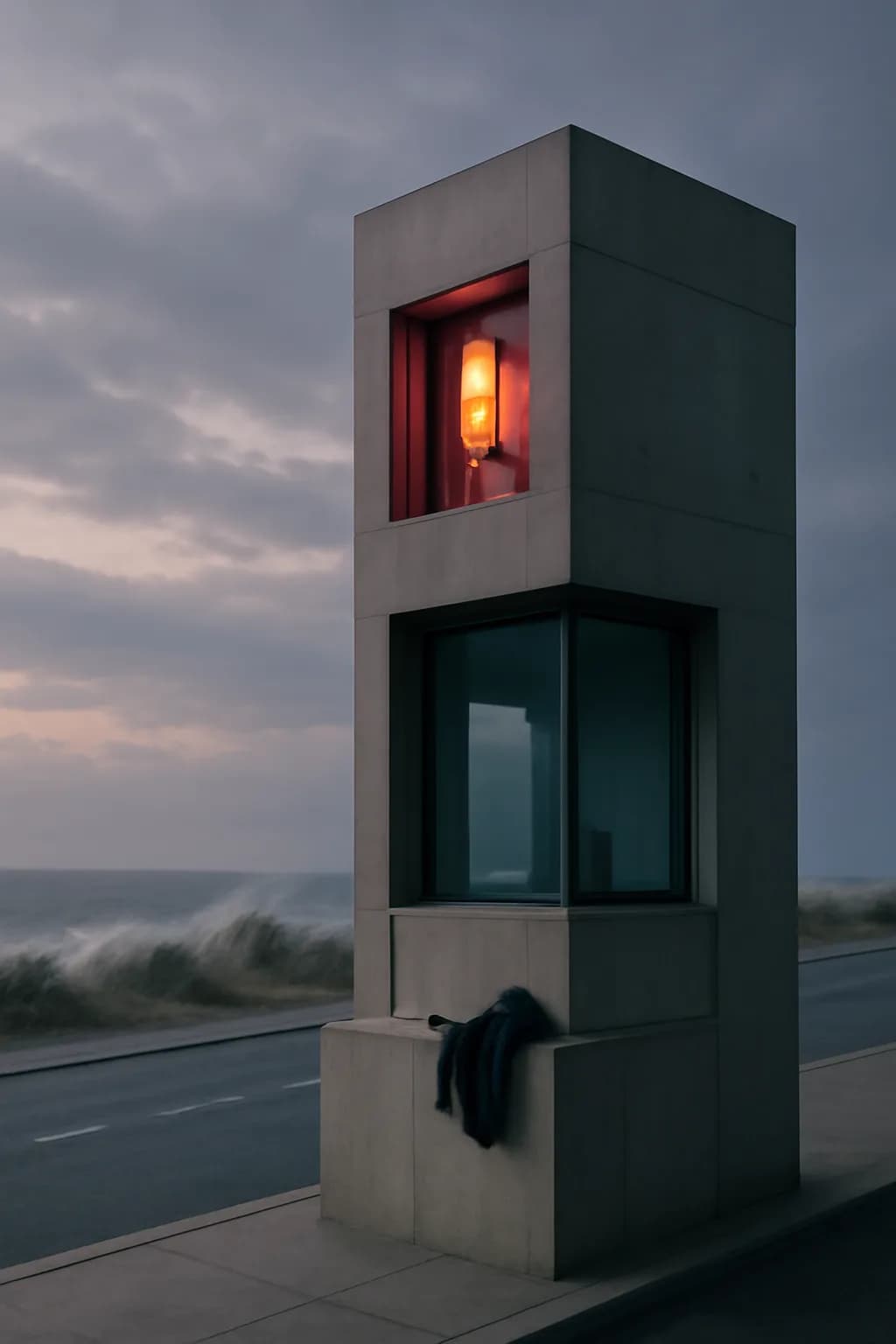 A realistic coastal road with sea spray, wind-shaped grass, dramatic sky, and a clean cinematic composition. clean architectural geometry with one small emotional detail