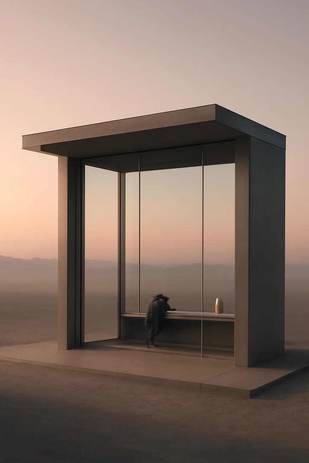A realistic glass transit station in a desert at sunrise with warm light, long shadows, and a quiet futuristic mood. clean architectural geometry with one small emotional detail