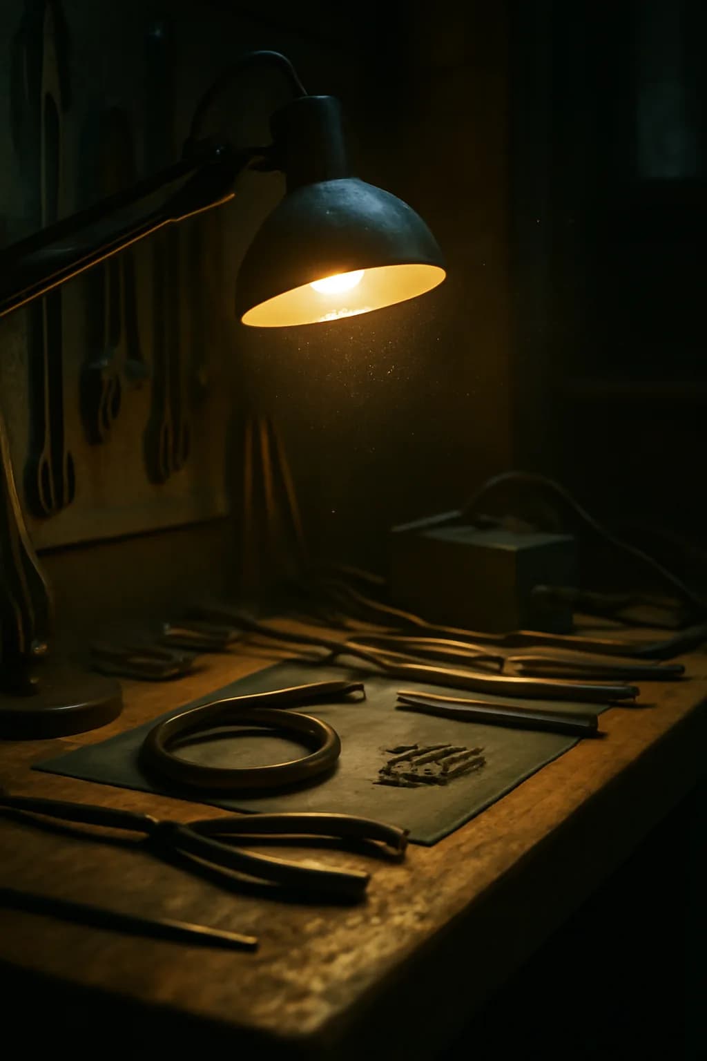 A realistic small workshop at night with warm lamps, precise tools, dust particles, and a cinematic handmade mood. tight workspace scene with tools or components forming a visual rhythm