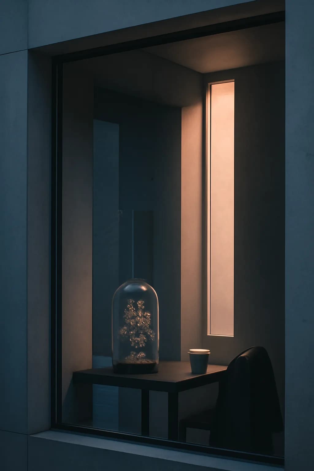 A realistic cafe window at morning rush with layered reflections, coffee cups, pedestrians, and soft street light. clean architectural geometry with one small emotional detail