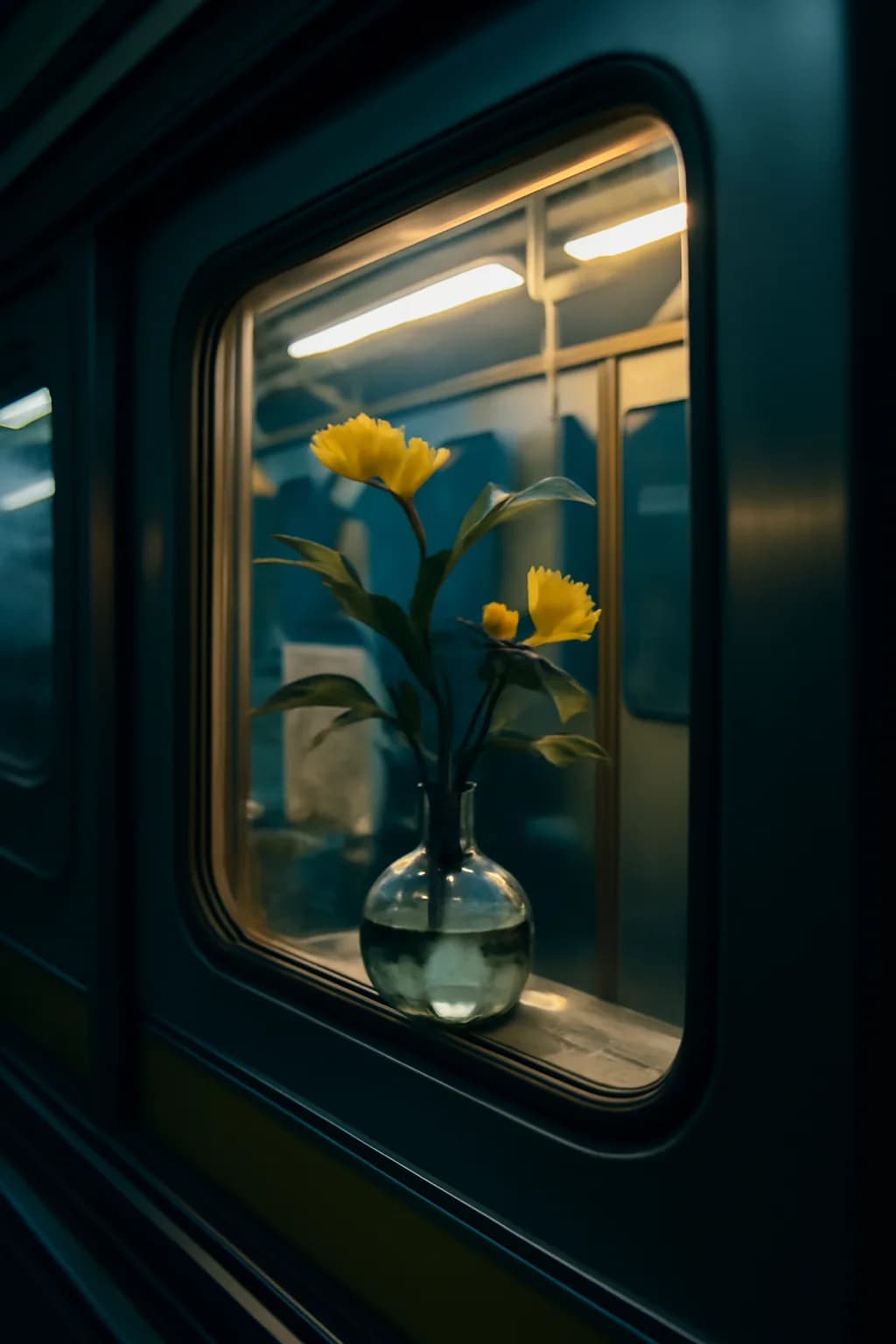 A realistic small workshop at night with warm lamps, precise tools, dust particles, and a cinematic handmade mood. a fast transit-adjacent glimpse with strong leading lines