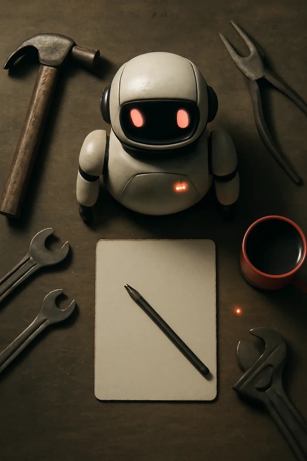 A realistic small workshop at night with warm lamps, precise tools, dust particles, and a cinematic handmade mood. top-down scene arranged like a ritual table, each item instantly readable