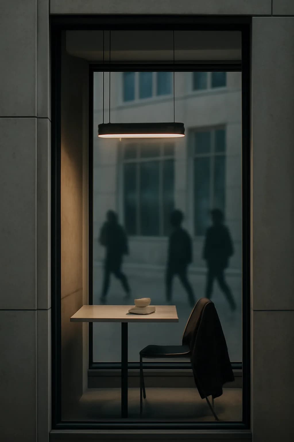 A realistic cafe window at morning rush with layered reflections, coffee cups, pedestrians, and soft street light. clean architectural geometry with one small emotional detail