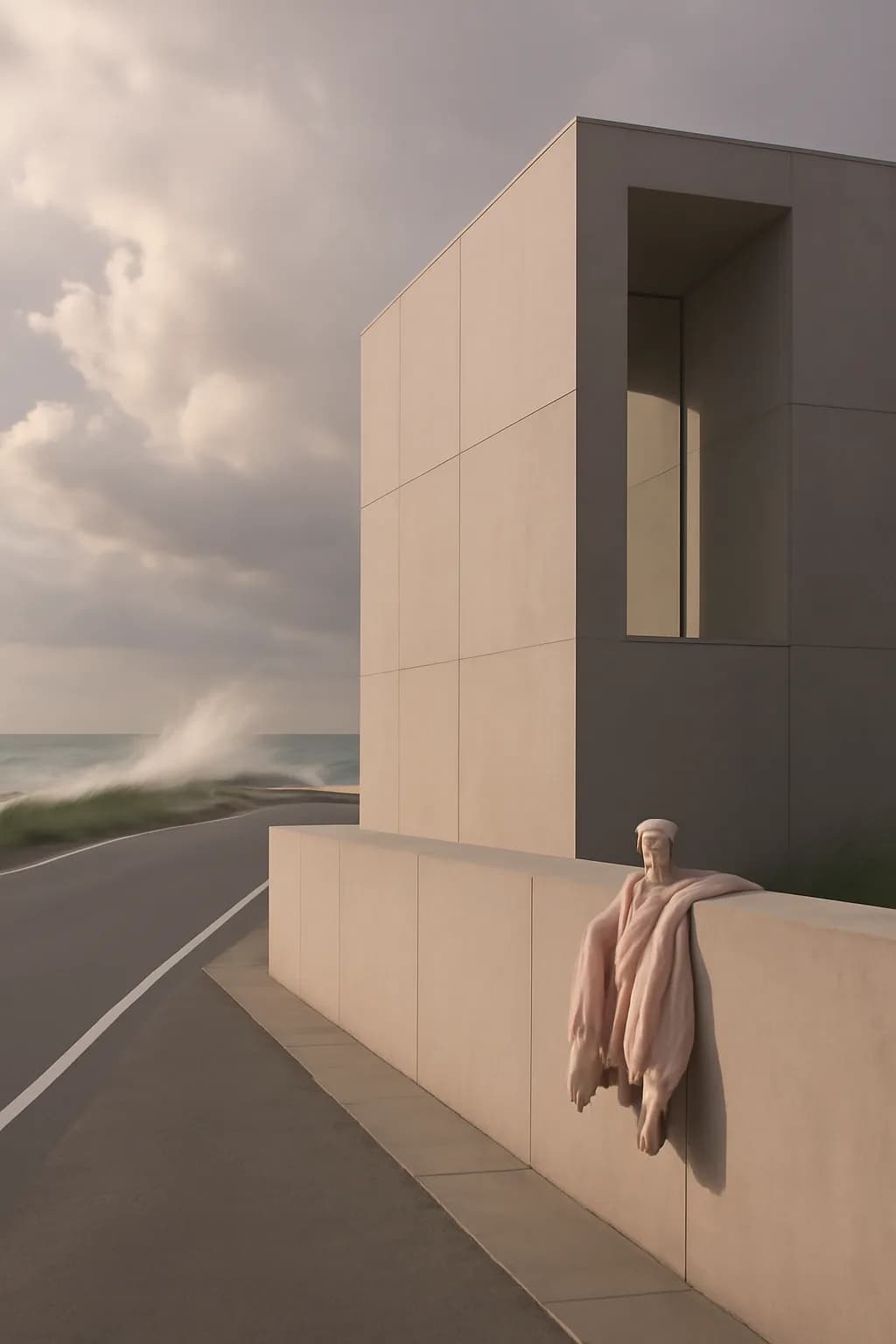 A realistic coastal road with sea spray, wind-shaped grass, dramatic sky, and a clean cinematic composition. clean architectural geometry with one small emotional detail