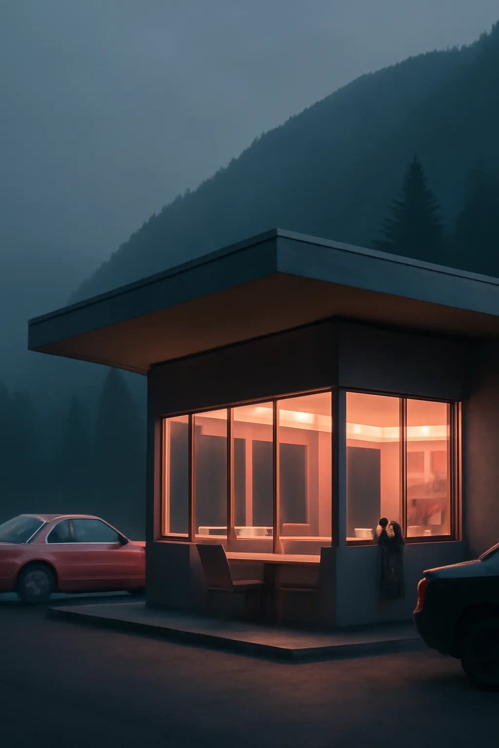 A realistic roadside mountain diner at blue hour with glowing windows, parked cars, mist, and quiet atmosphere. clean architectural geometry with one small emotional detail