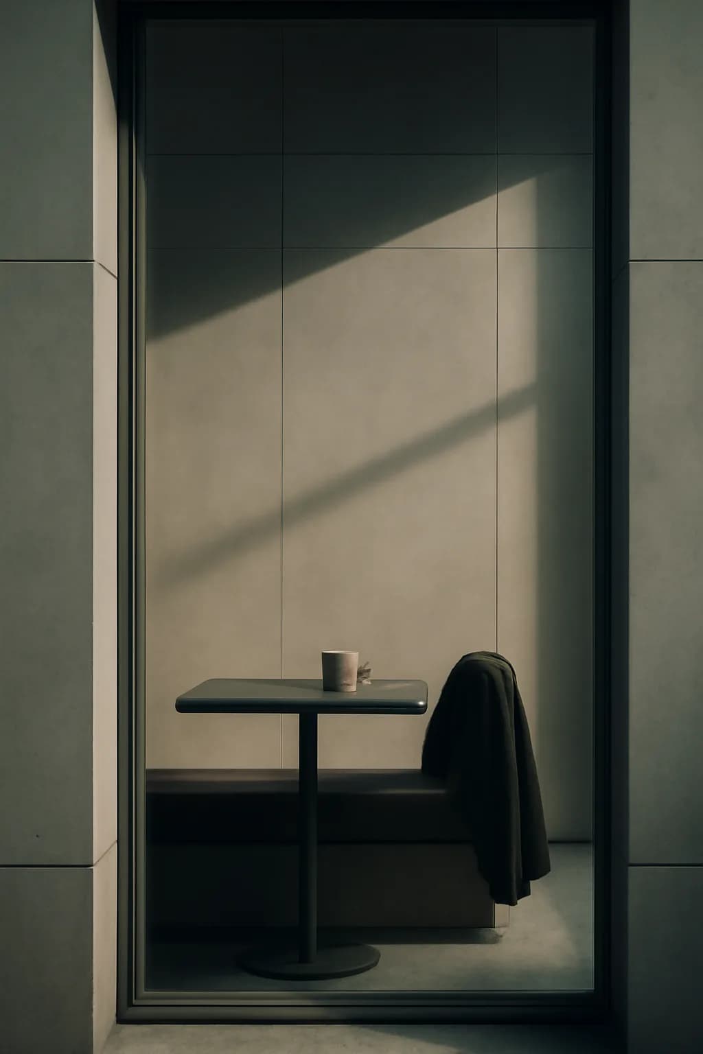 A realistic cafe window at morning rush with layered reflections, coffee cups, pedestrians, and soft street light. clean architectural geometry with one small emotional detail