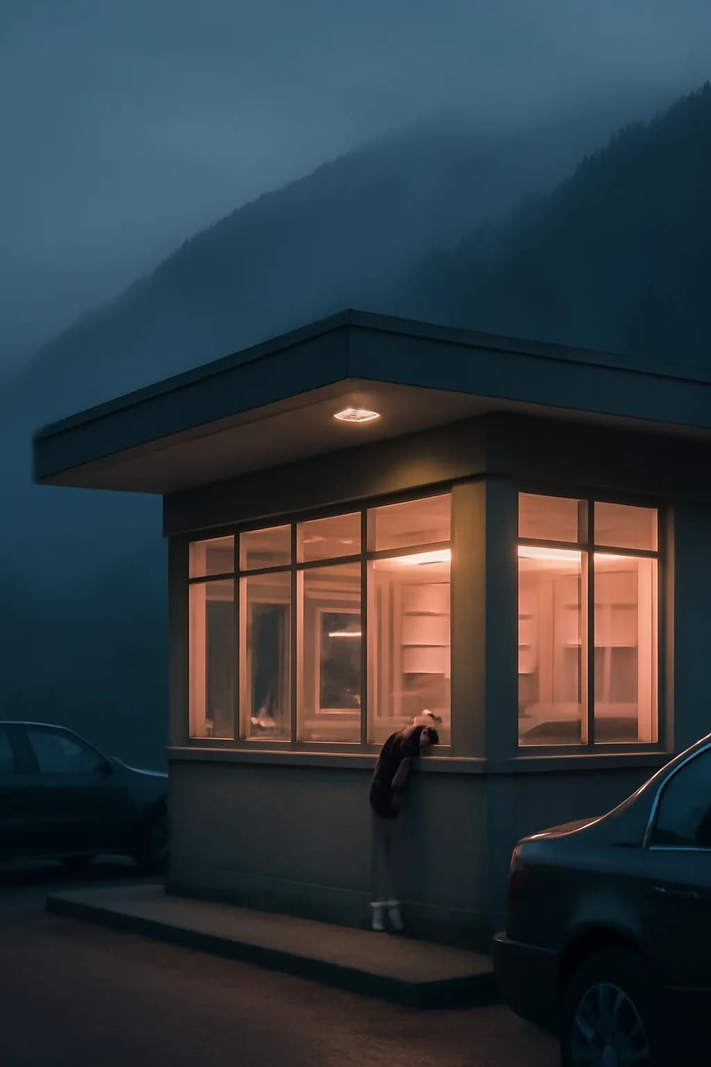 A realistic roadside mountain diner at blue hour with glowing windows, parked cars, mist, and quiet atmosphere. clean architectural geometry with one small emotional detail