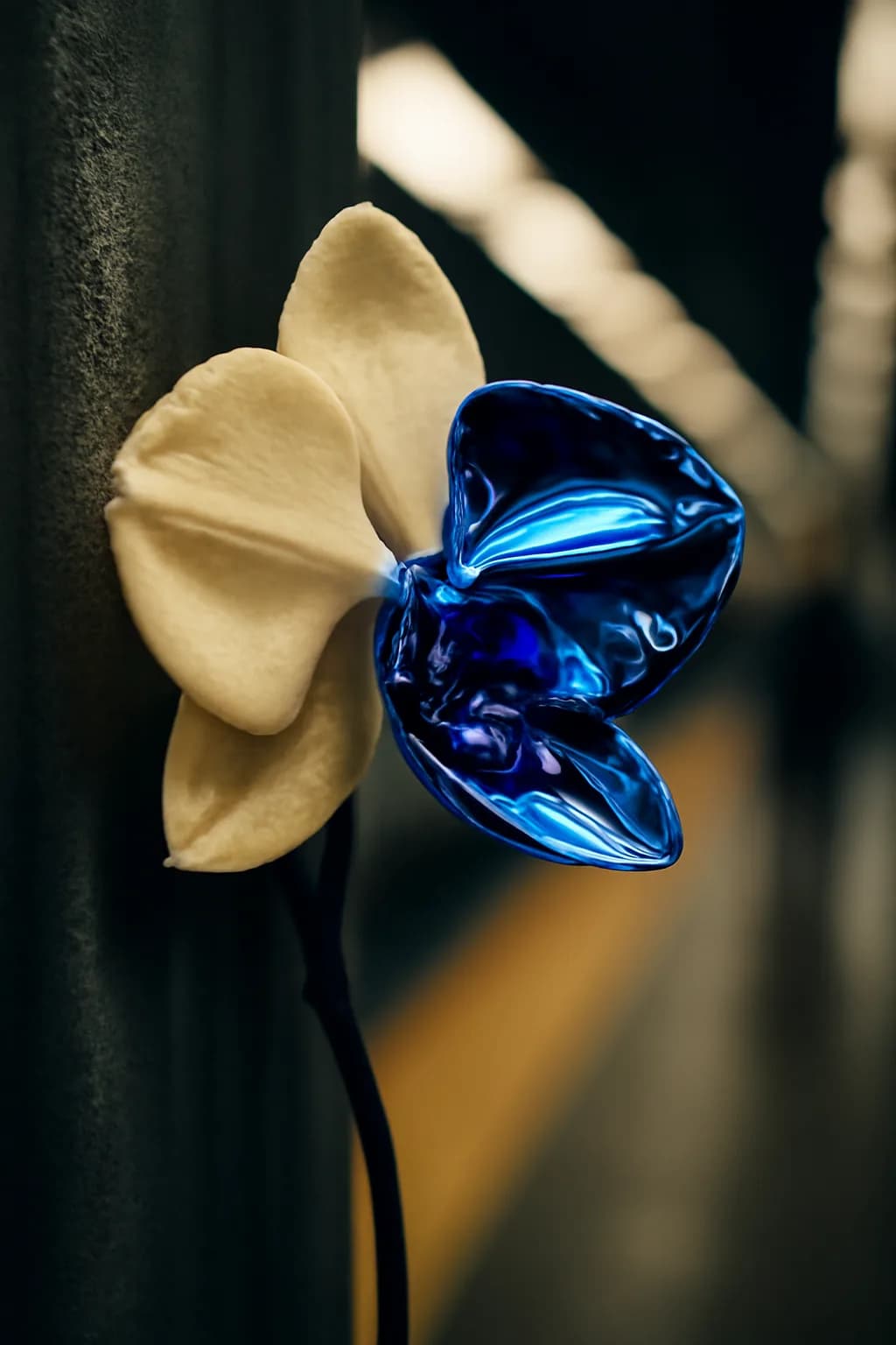 A realistic underground metro platform with a vivid flower installation, moody lighting, and cinematic depth. one memorable object dominates the frame with a clear silhouette and generous negative space