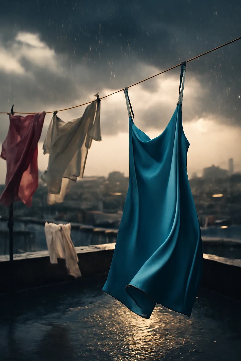 A realistic rooftop laundry line above a dense city, with dramatic clouds, soft wind, and glowing late afternoon light. a normal place interrupted by one precise weather event