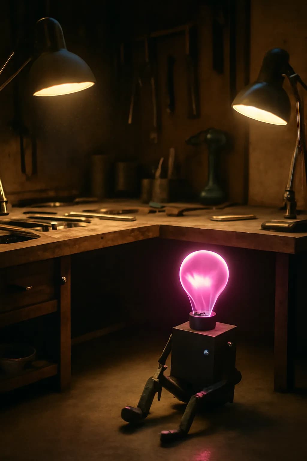 A realistic small workshop at night with warm lamps, precise tools, dust particles, and a cinematic handmade mood. one impossible detail inside an otherwise believable everyday scene