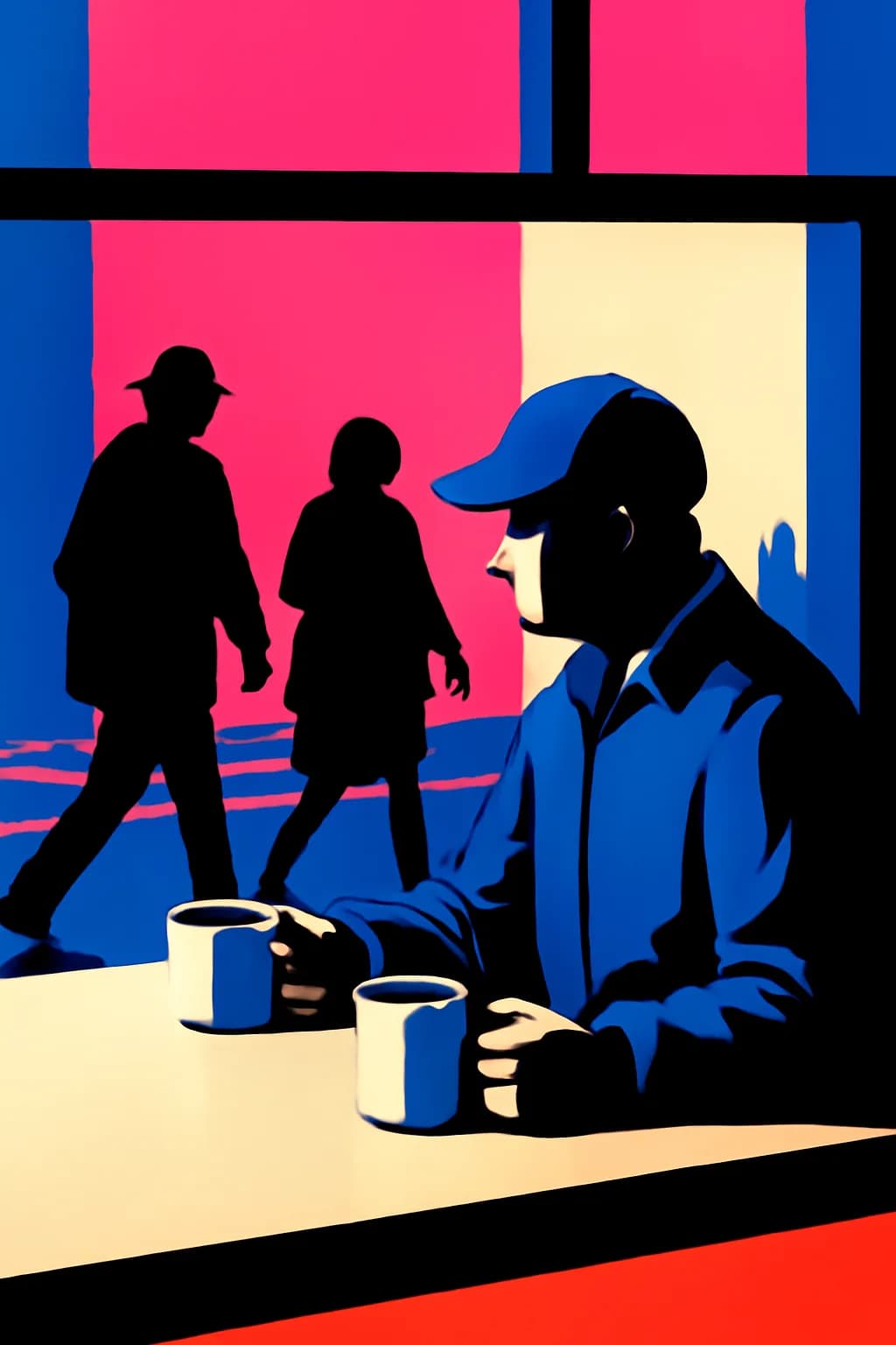 A realistic cafe window at morning rush with layered reflections, coffee cups, pedestrians, and soft street light. bold blocks of color arranged as a readable feed-first scene