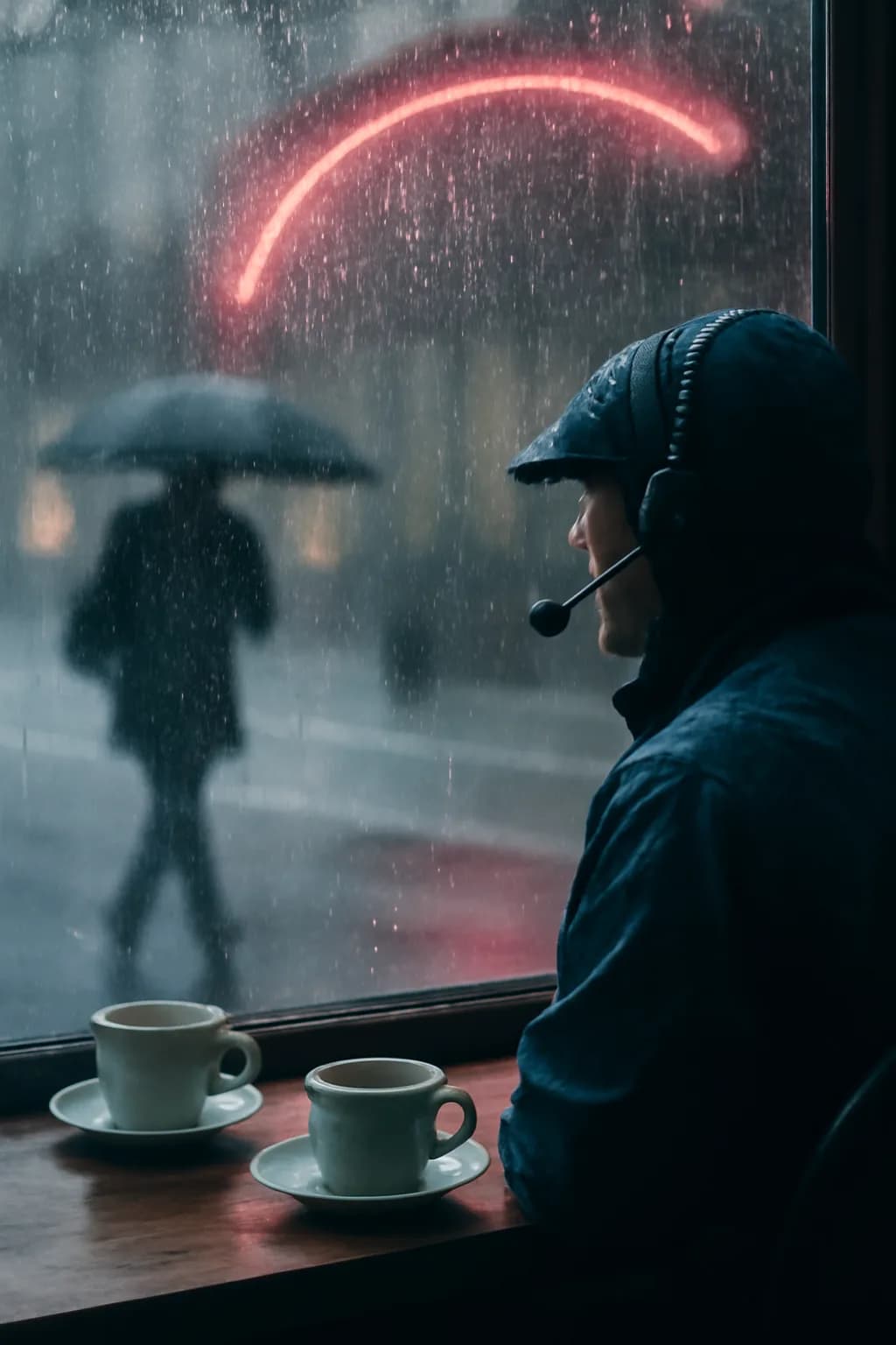 A realistic cafe window at morning rush with layered reflections, coffee cups, pedestrians, and soft street light. a normal place interrupted by one precise weather event