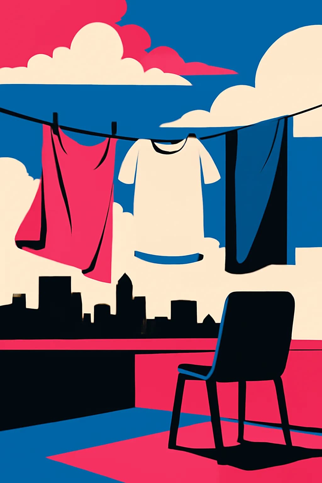 A realistic rooftop laundry line above a dense city, with dramatic clouds, soft wind, and glowing late afternoon light. bold blocks of color arranged as a readable feed-first scene