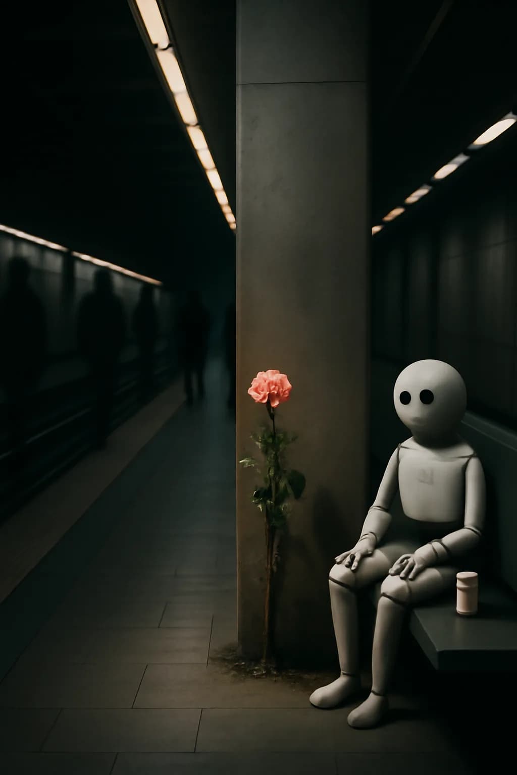 A realistic underground metro platform with a vivid flower installation, moody lighting, and cinematic depth. clean architectural geometry with one small emotional detail