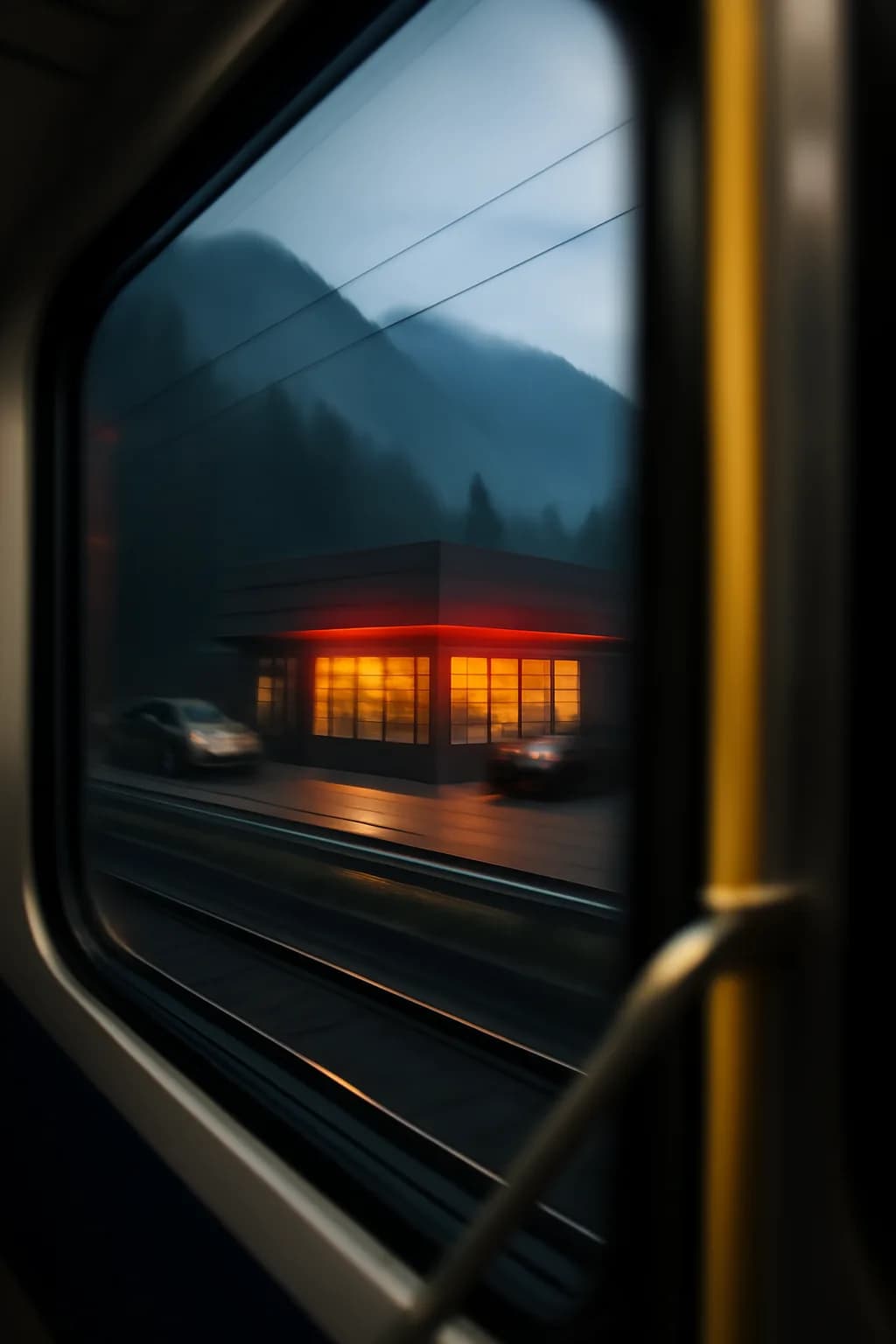 A realistic roadside mountain diner at blue hour with glowing windows, parked cars, mist, and quiet atmosphere. a fast transit-adjacent glimpse with strong leading lines
