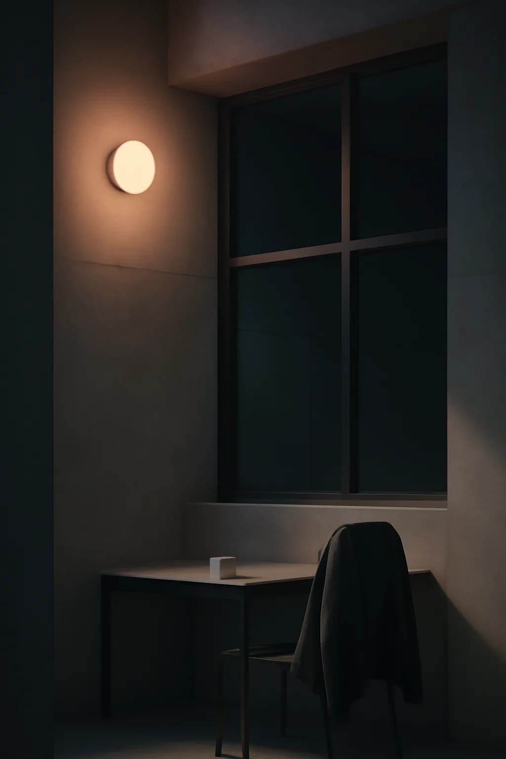 A realistic small workshop at night with warm lamps, precise tools, dust particles, and a cinematic handmade mood. clean architectural geometry with one small emotional detail