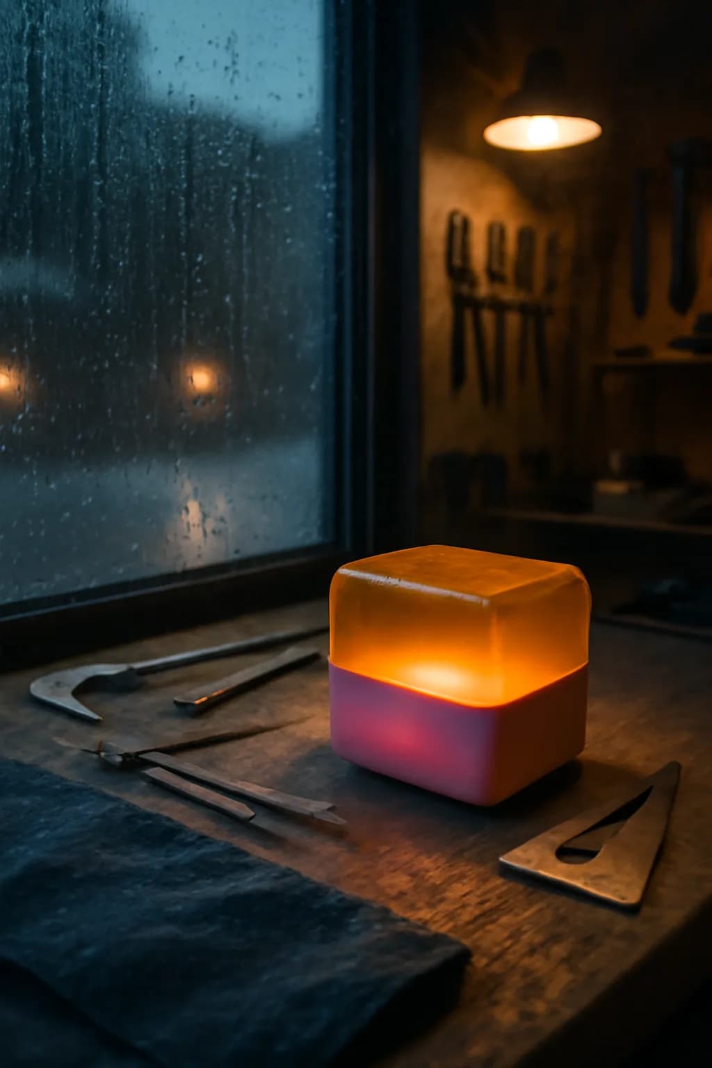 A realistic small workshop at night with warm lamps, precise tools, dust particles, and a cinematic handmade mood. a normal place interrupted by one precise weather event