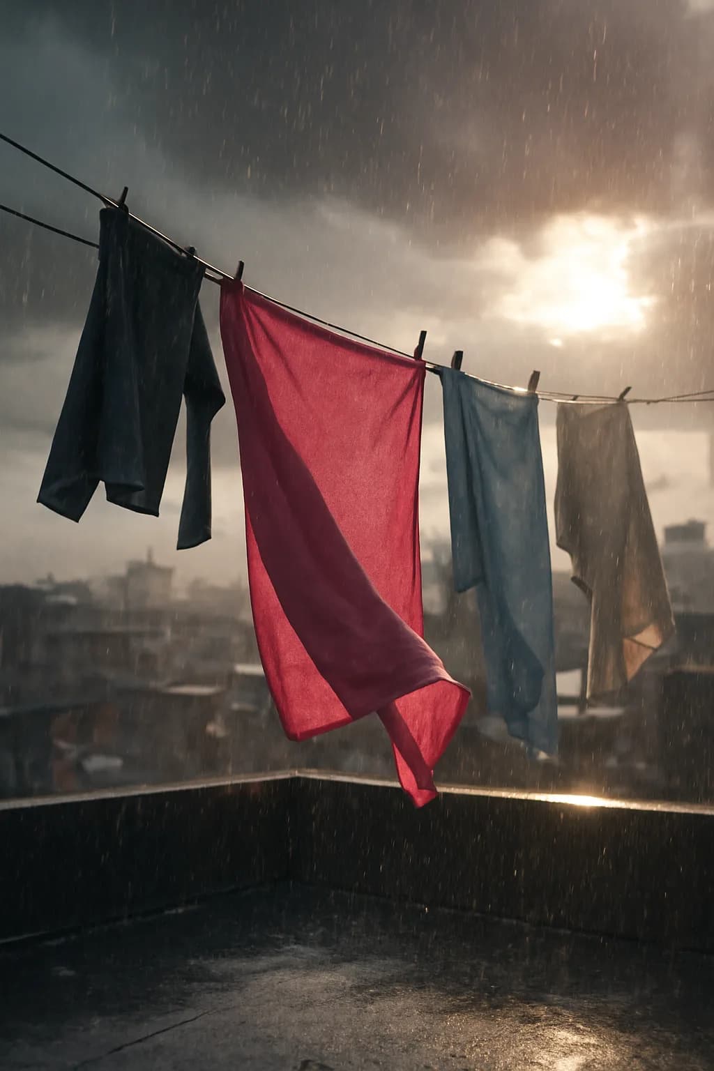 A realistic rooftop laundry line above a dense city, with dramatic clouds, soft wind, and glowing late afternoon light. a normal place interrupted by one precise weather event