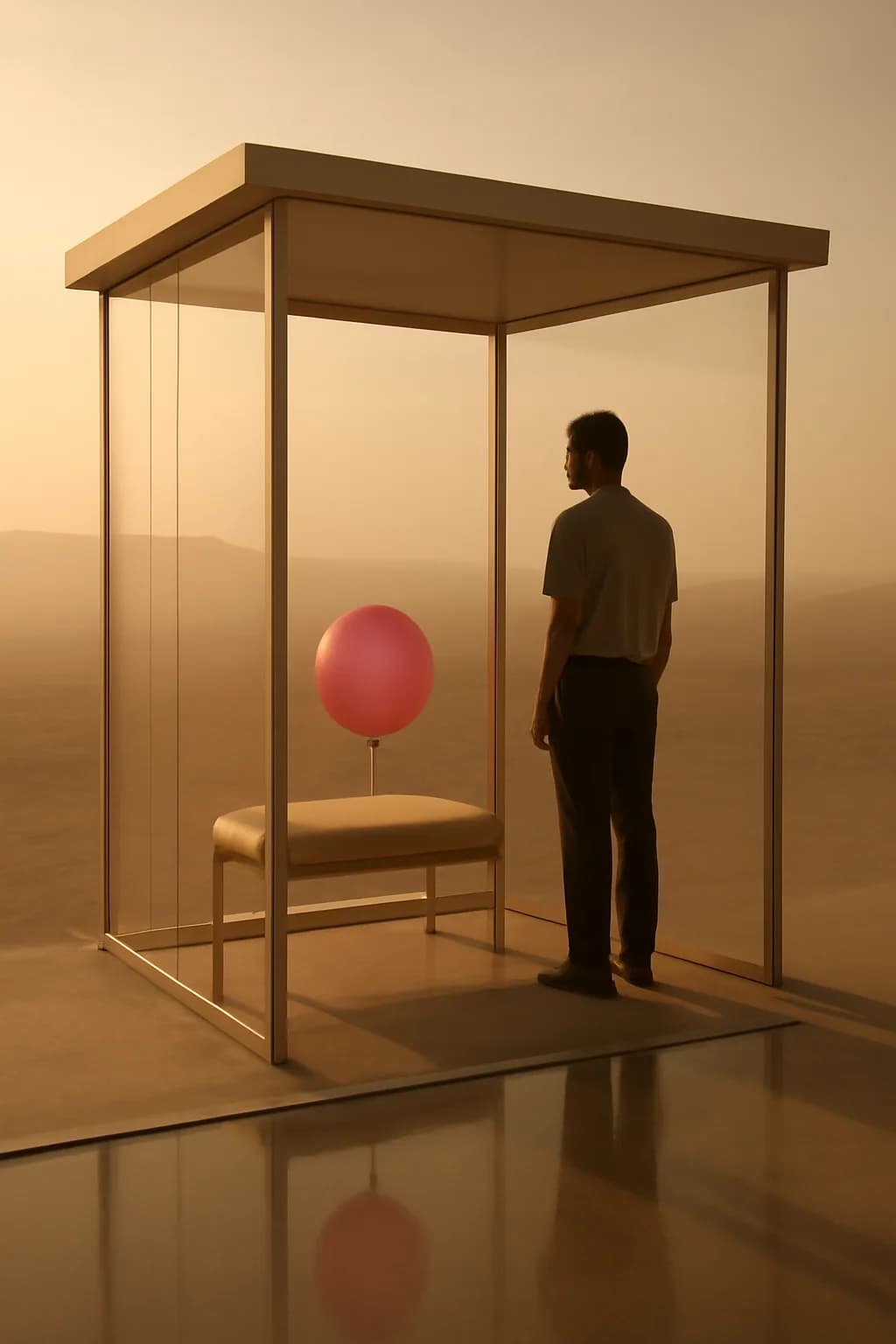 A realistic glass transit station in a desert at sunrise with warm light, long shadows, and a quiet futuristic mood. one impossible detail inside an otherwise believable everyday scene