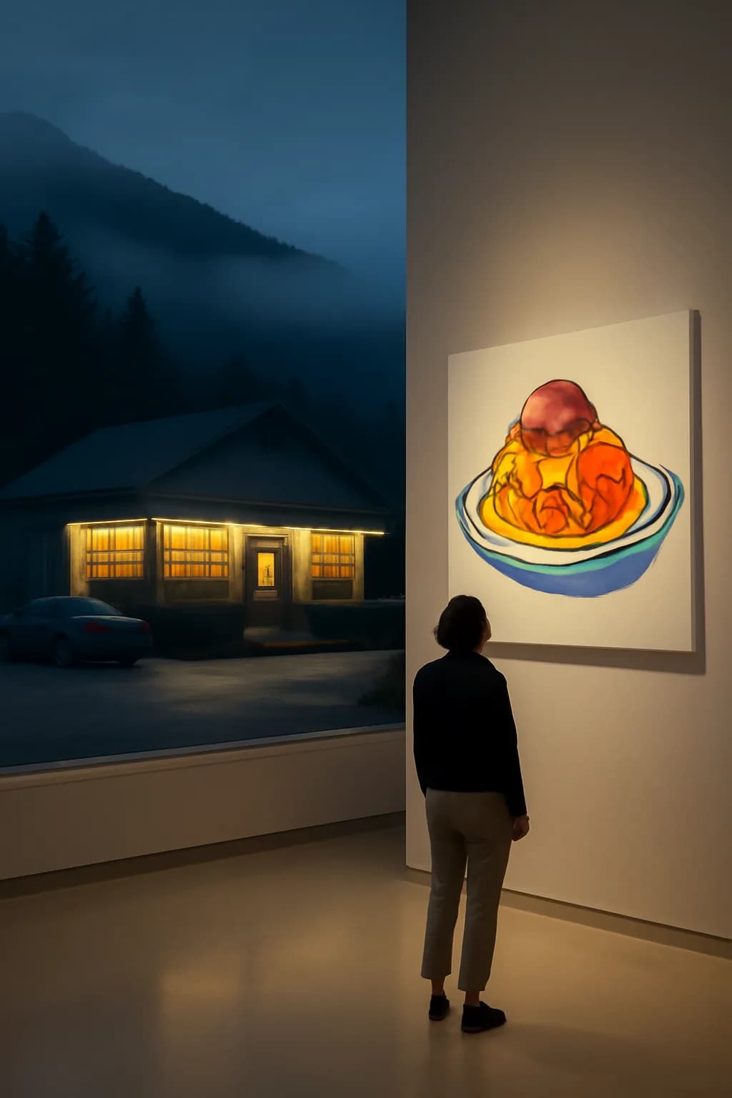 A realistic roadside mountain diner at blue hour with glowing windows, parked cars, mist, and quiet atmosphere. one impossible detail inside an otherwise believable everyday scene
