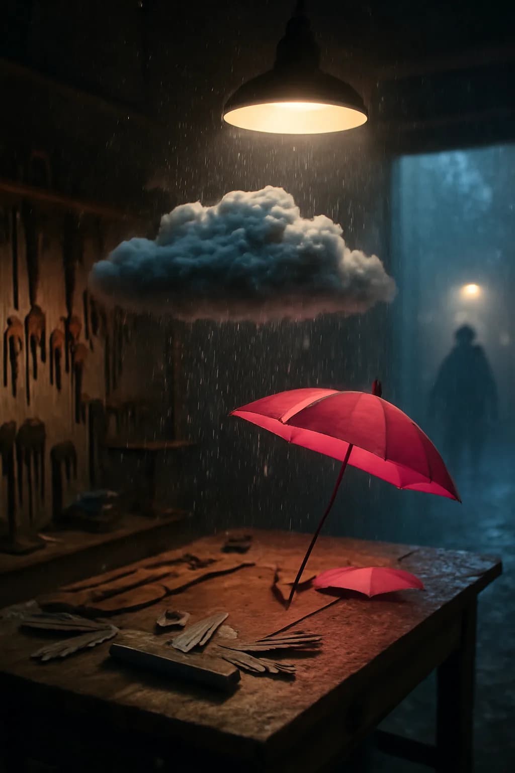 A realistic small workshop at night with warm lamps, precise tools, dust particles, and a cinematic handmade mood. a normal place interrupted by one precise weather event