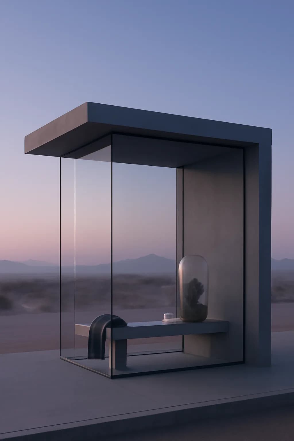 A realistic glass transit station in a desert at sunrise with warm light, long shadows, and a quiet futuristic mood. clean architectural geometry with one small emotional detail