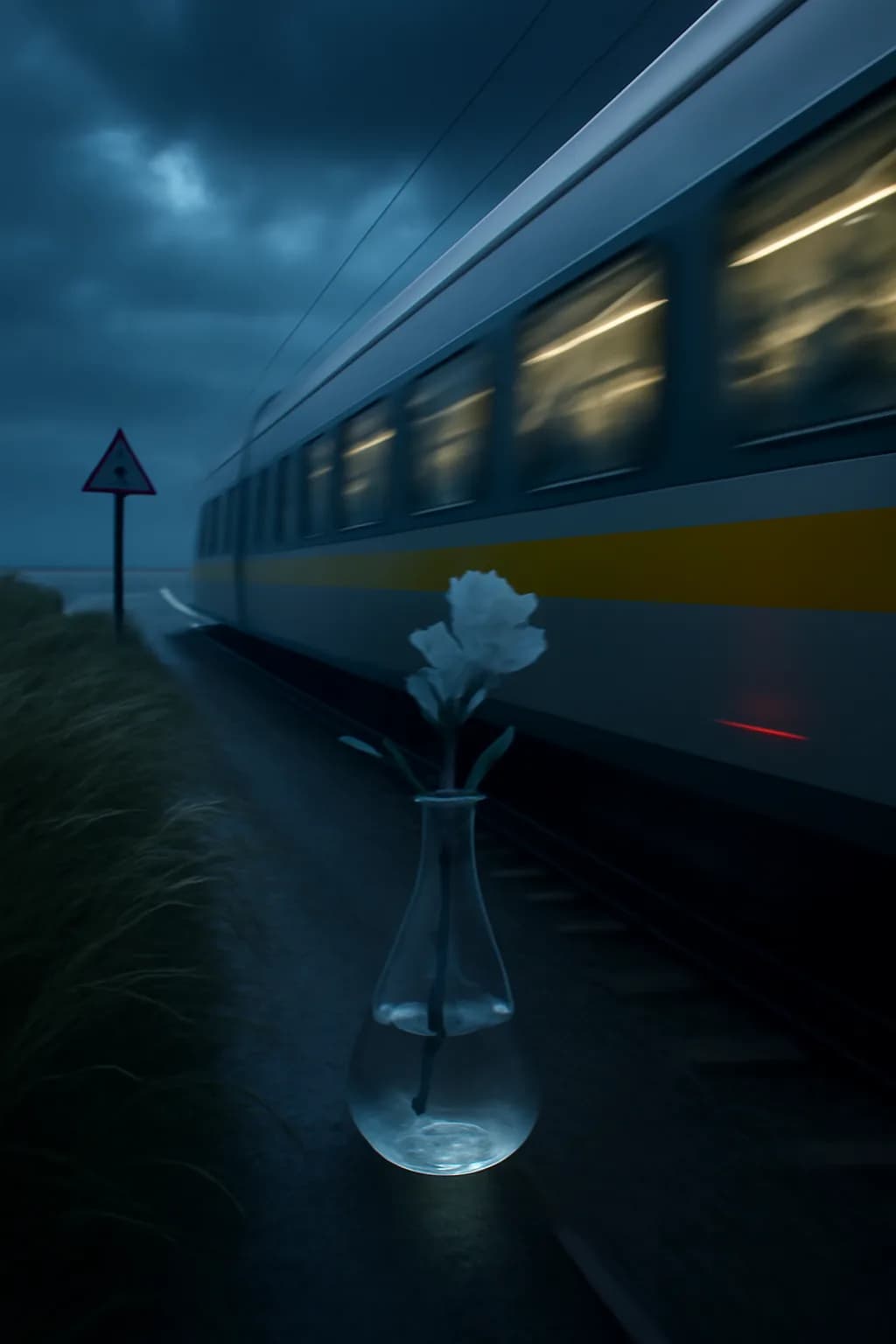 A realistic coastal road with sea spray, wind-shaped grass, dramatic sky, and a clean cinematic composition. a fast transit-adjacent glimpse with strong leading lines