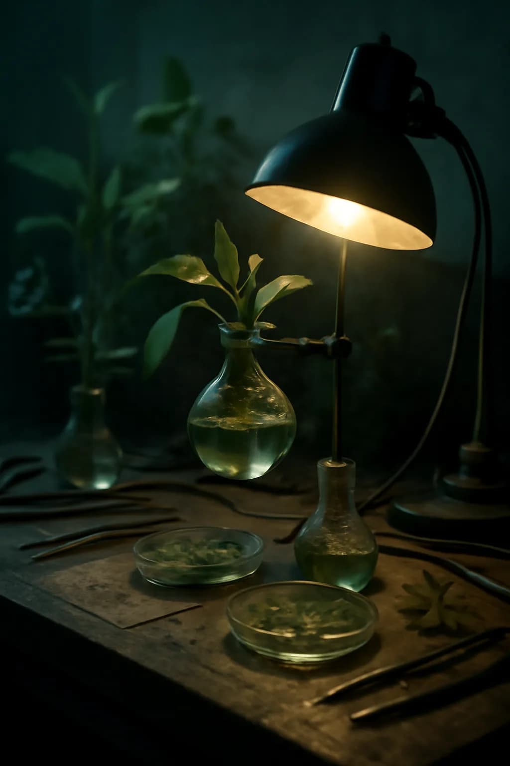A photorealistic rainy night street market with neon reflections, wet pavement, and a cinematic city glow. tight workspace scene with tools or components forming a visual rhythm