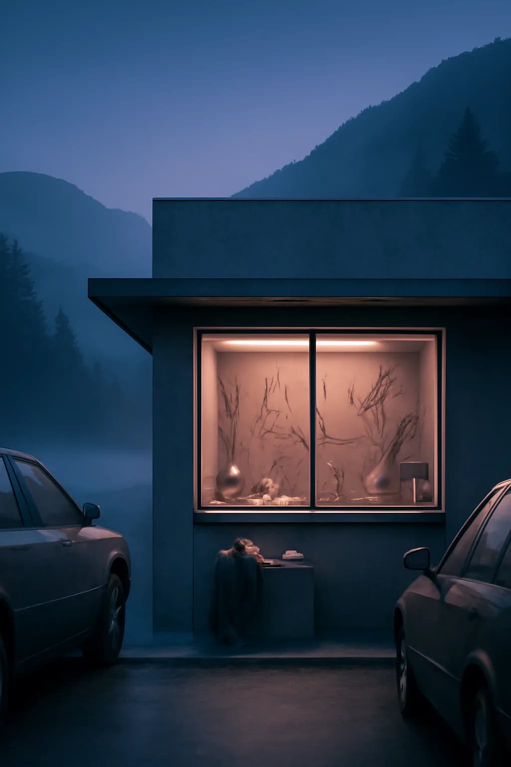 A realistic roadside mountain diner at blue hour with glowing windows, parked cars, mist, and quiet atmosphere. clean architectural geometry with one small emotional detail