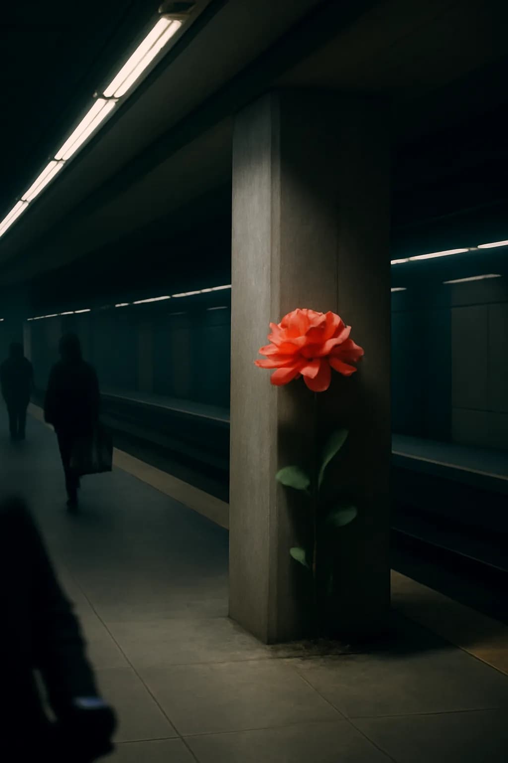 A realistic underground metro platform with a vivid flower installation, moody lighting, and cinematic depth. clean architectural geometry with one small emotional detail
