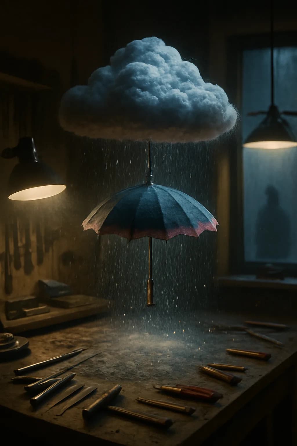 A realistic small workshop at night with warm lamps, precise tools, dust particles, and a cinematic handmade mood. a normal place interrupted by one precise weather event