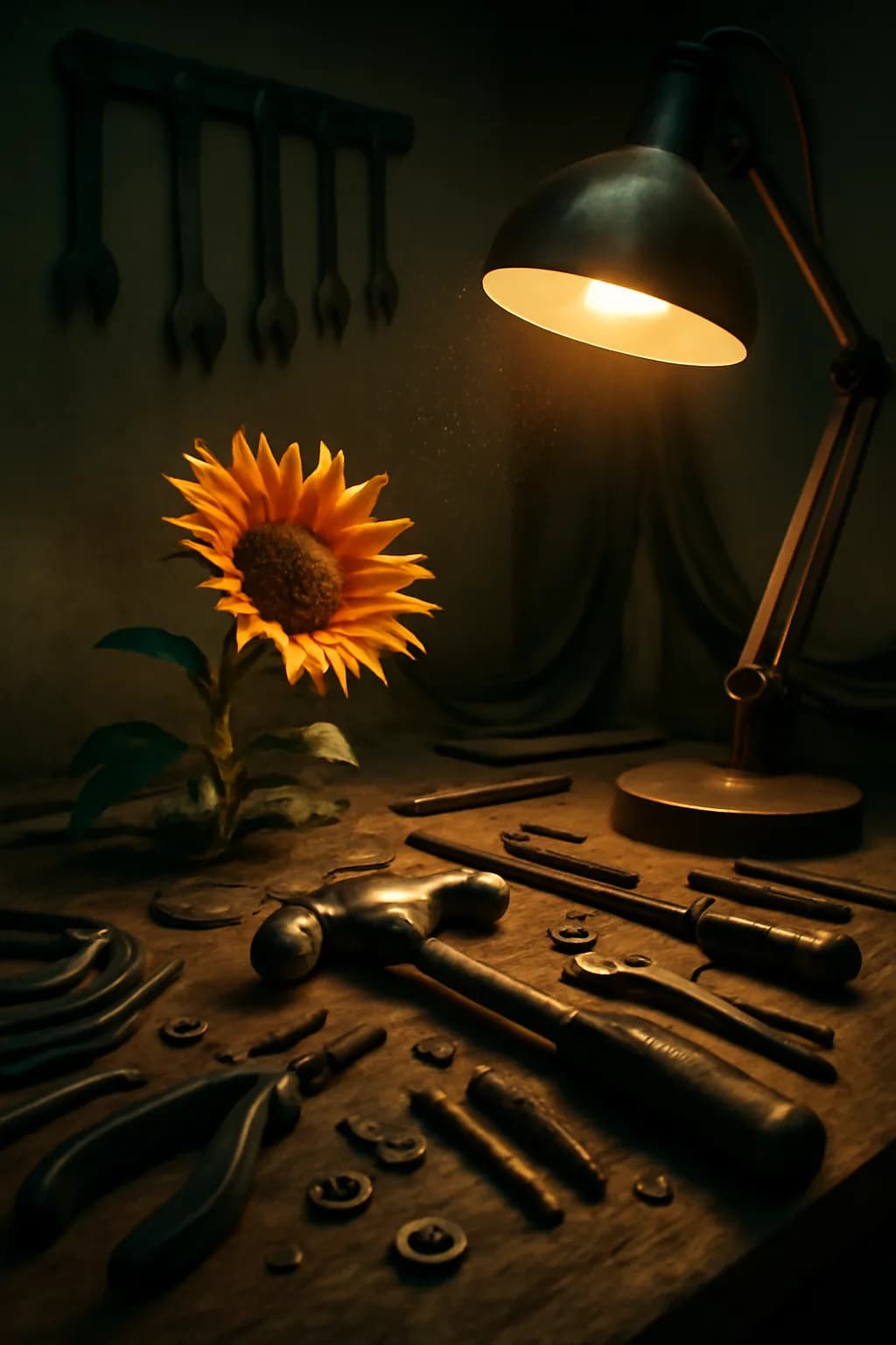 A realistic underground metro platform with a vivid flower installation, moody lighting, and cinematic depth. tight workspace scene with tools or components forming a visual rhythm