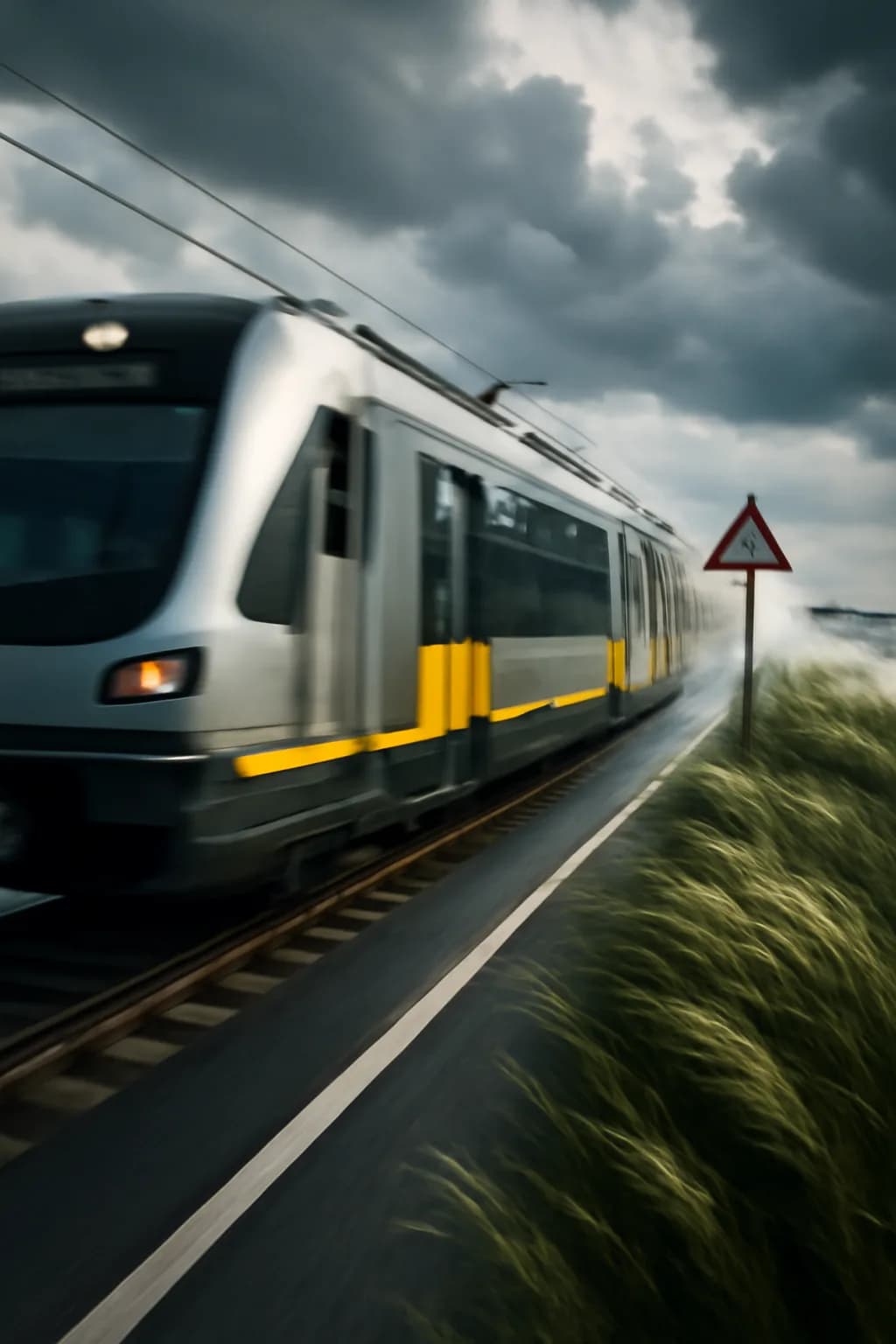 A realistic coastal road with sea spray, wind-shaped grass, dramatic sky, and a clean cinematic composition. a fast transit-adjacent glimpse with strong leading lines
