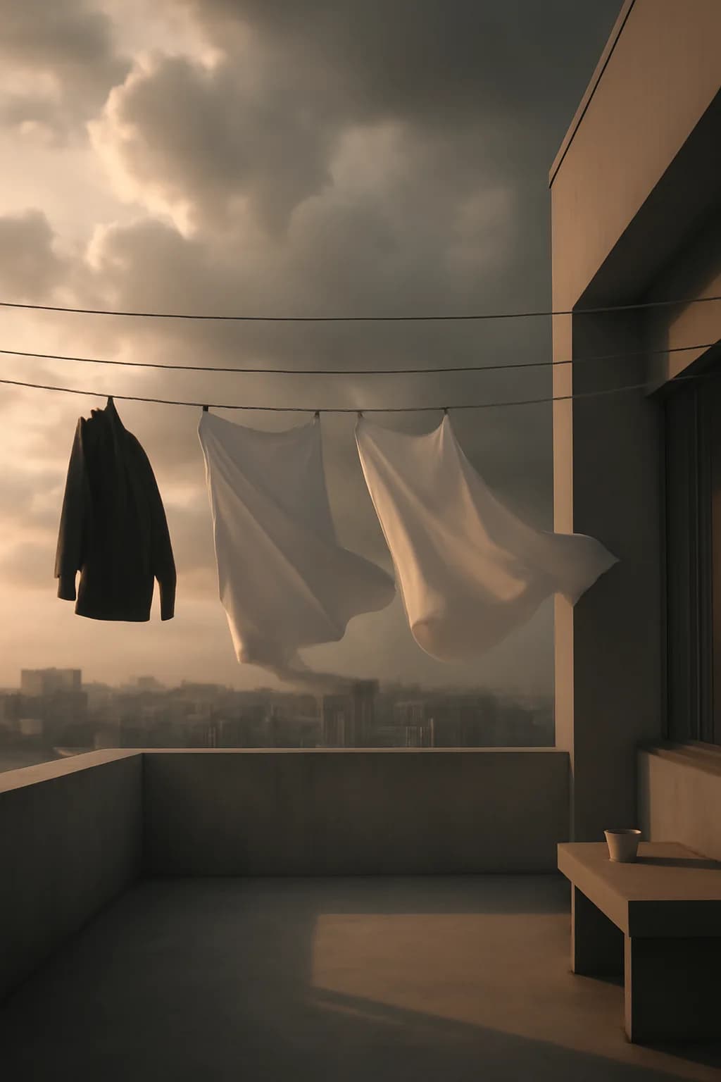 A realistic rooftop laundry line above a dense city, with dramatic clouds, soft wind, and glowing late afternoon light. clean architectural geometry with one small emotional detail