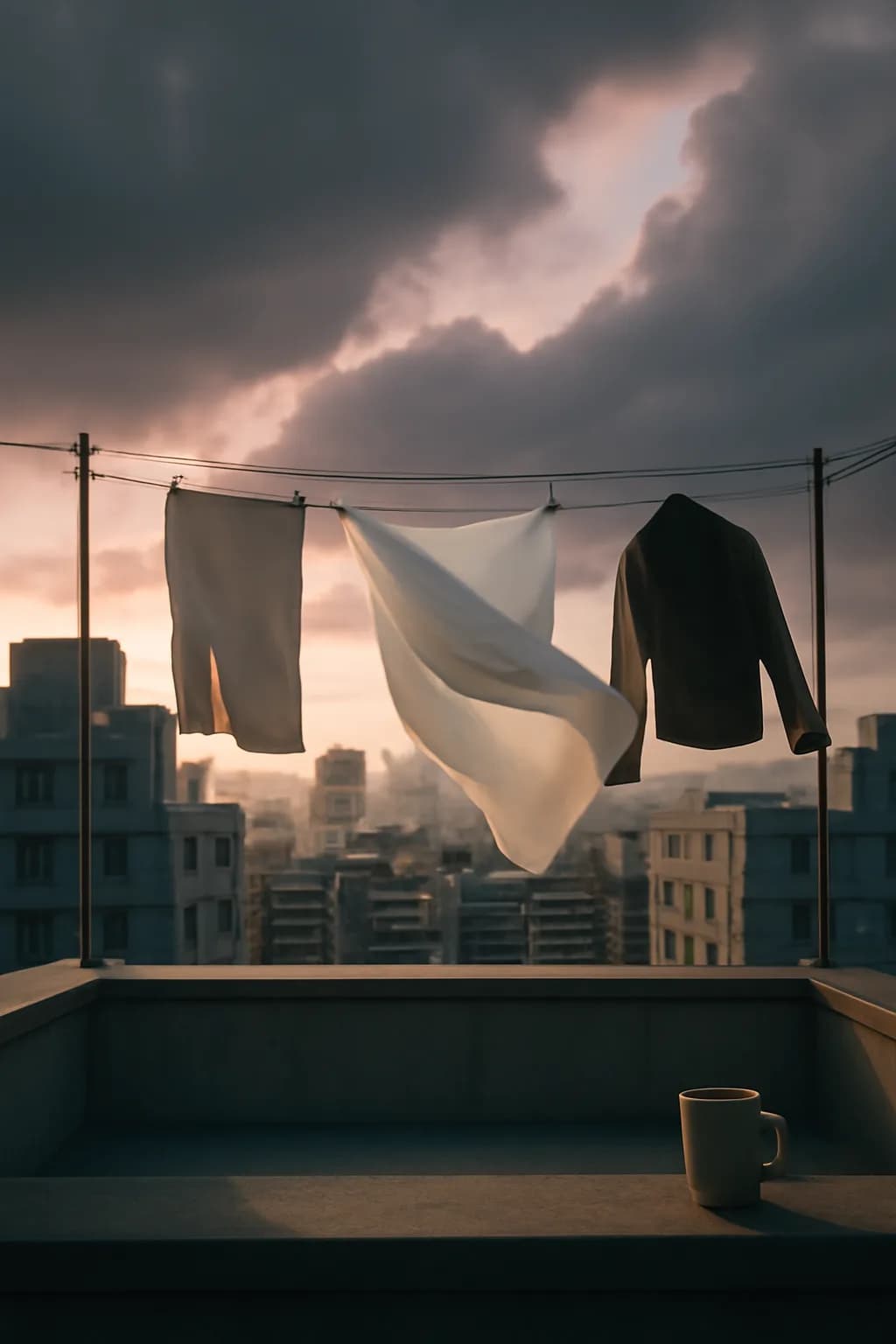 A realistic rooftop laundry line above a dense city, with dramatic clouds, soft wind, and glowing late afternoon light. clean architectural geometry with one small emotional detail