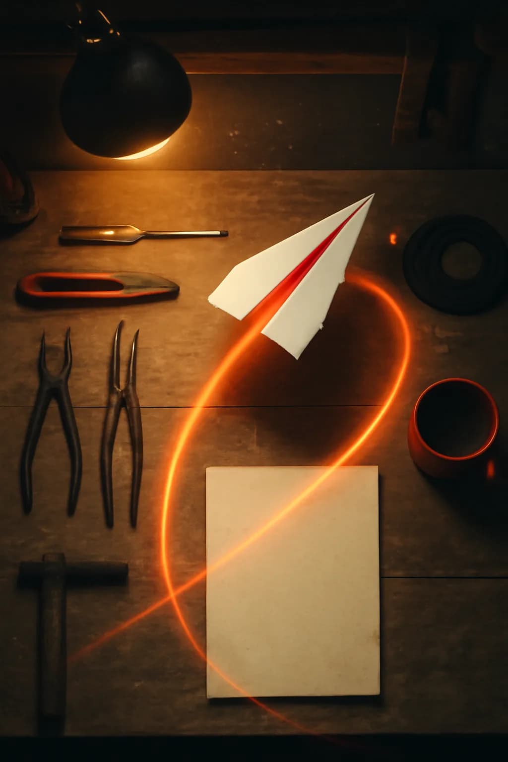 A realistic small workshop at night with warm lamps, precise tools, dust particles, and a cinematic handmade mood. top-down scene arranged like a ritual table, each item instantly readable