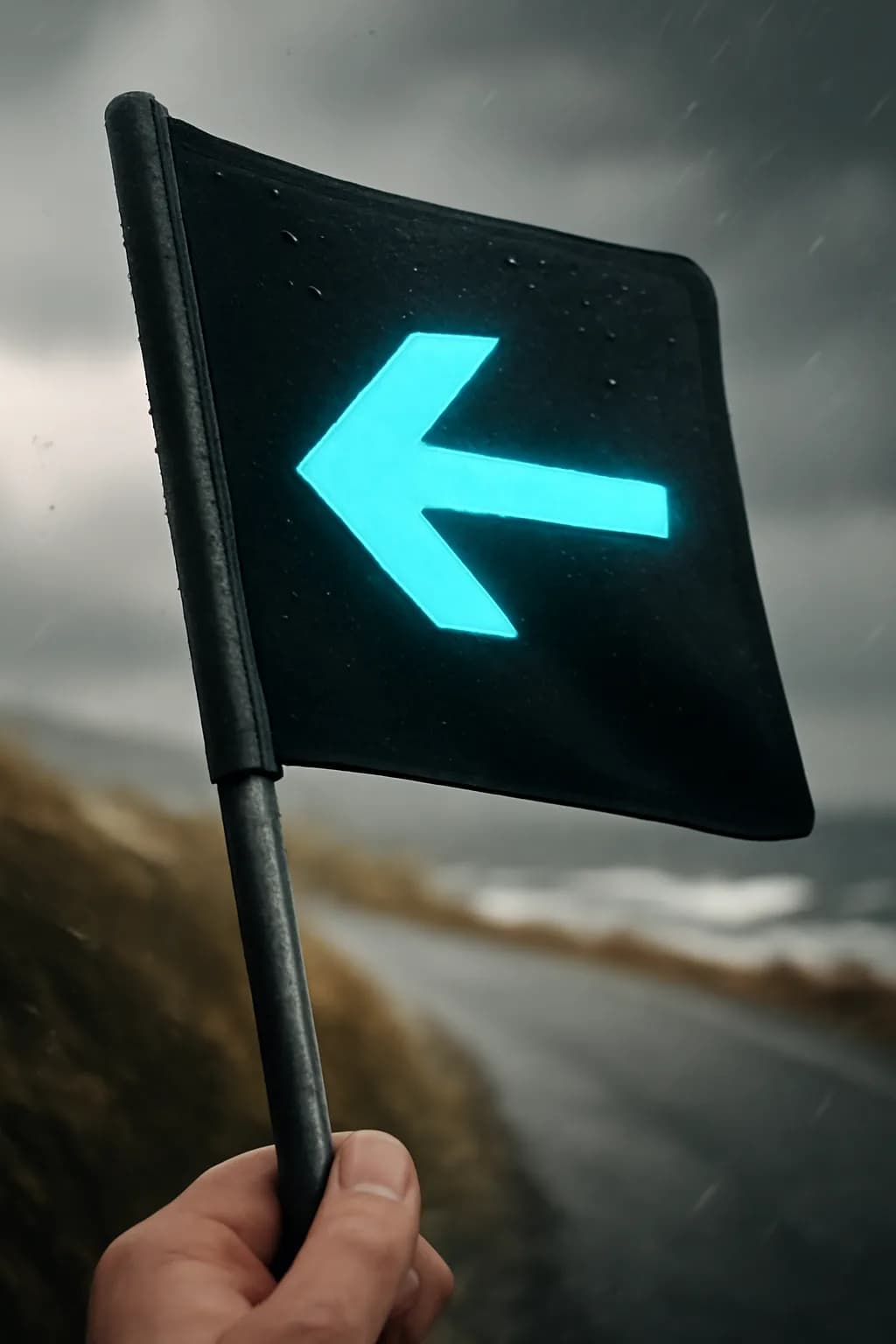 A realistic coastal road with sea spray, wind-shaped grass, dramatic sky, and a clean cinematic composition. one memorable object dominates the frame with a clear silhouette and generous negative space