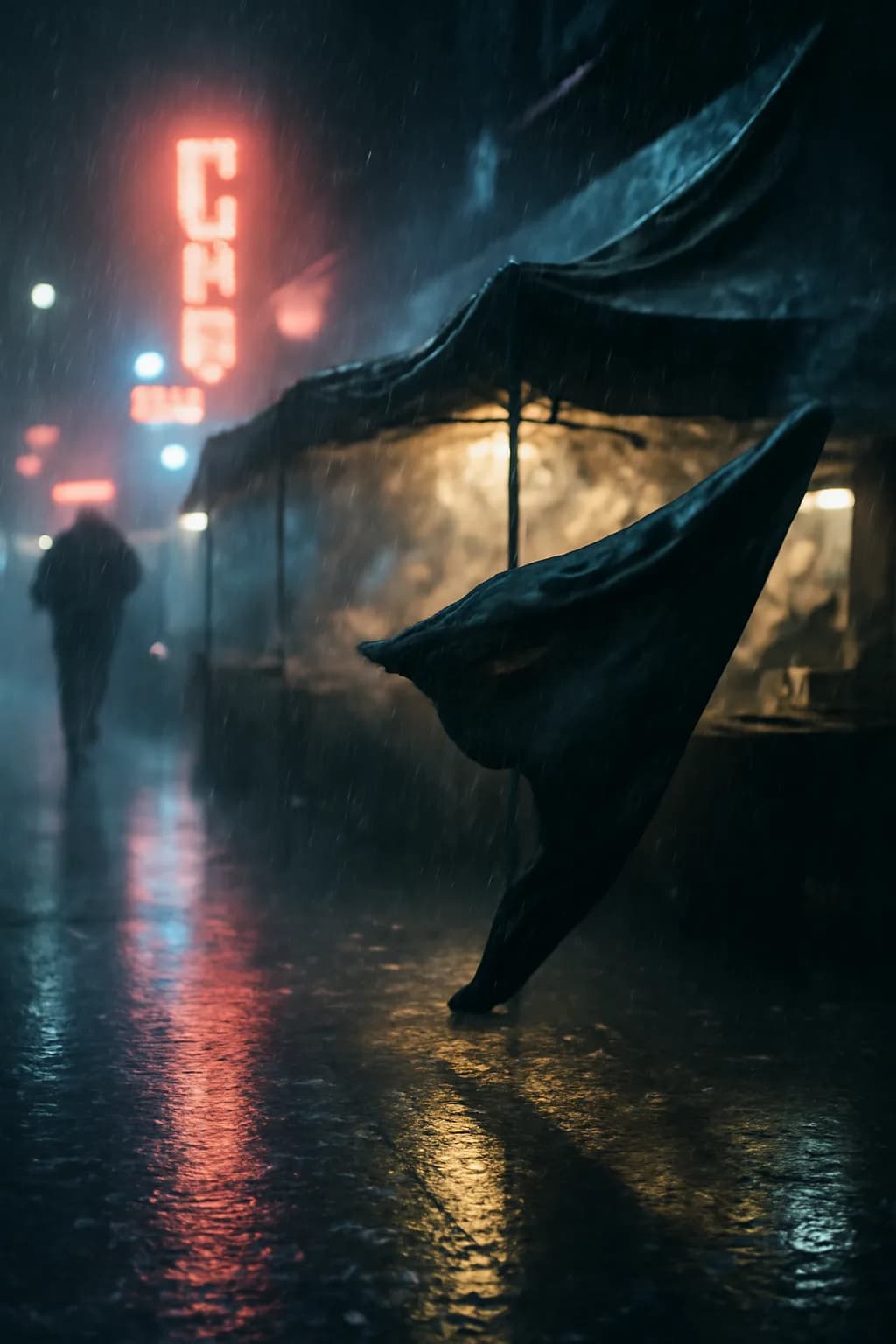 A photorealistic rainy night street market with neon reflections, wet pavement, and a cinematic city glow. a normal place interrupted by one precise weather event