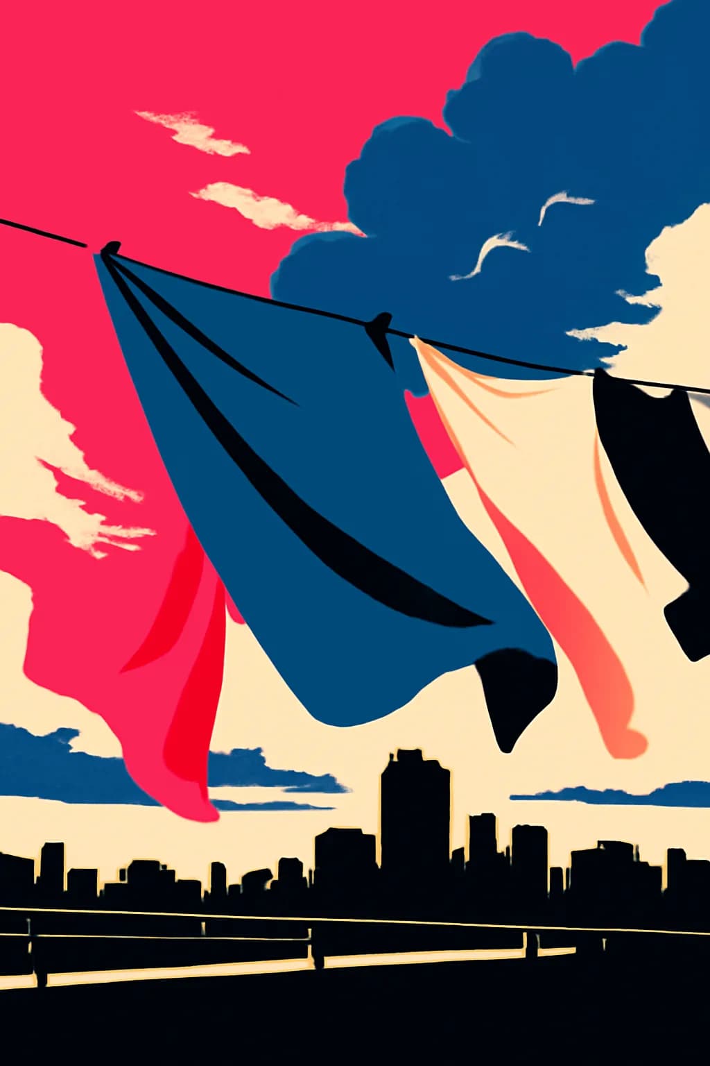 A realistic rooftop laundry line above a dense city, with dramatic clouds, soft wind, and glowing late afternoon light. bold blocks of color arranged as a readable feed-first scene